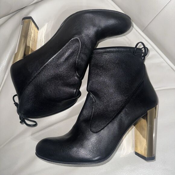 Stuart Weitzman Black Leather Ankle Boot Lucite Gold Block Heels Tie Back Size 9 - Picture 2 of 9